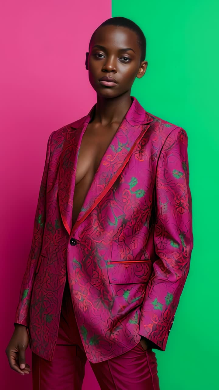Vertical video: Starting camera zooming in on model highlighting floral suit at pink green backdrop