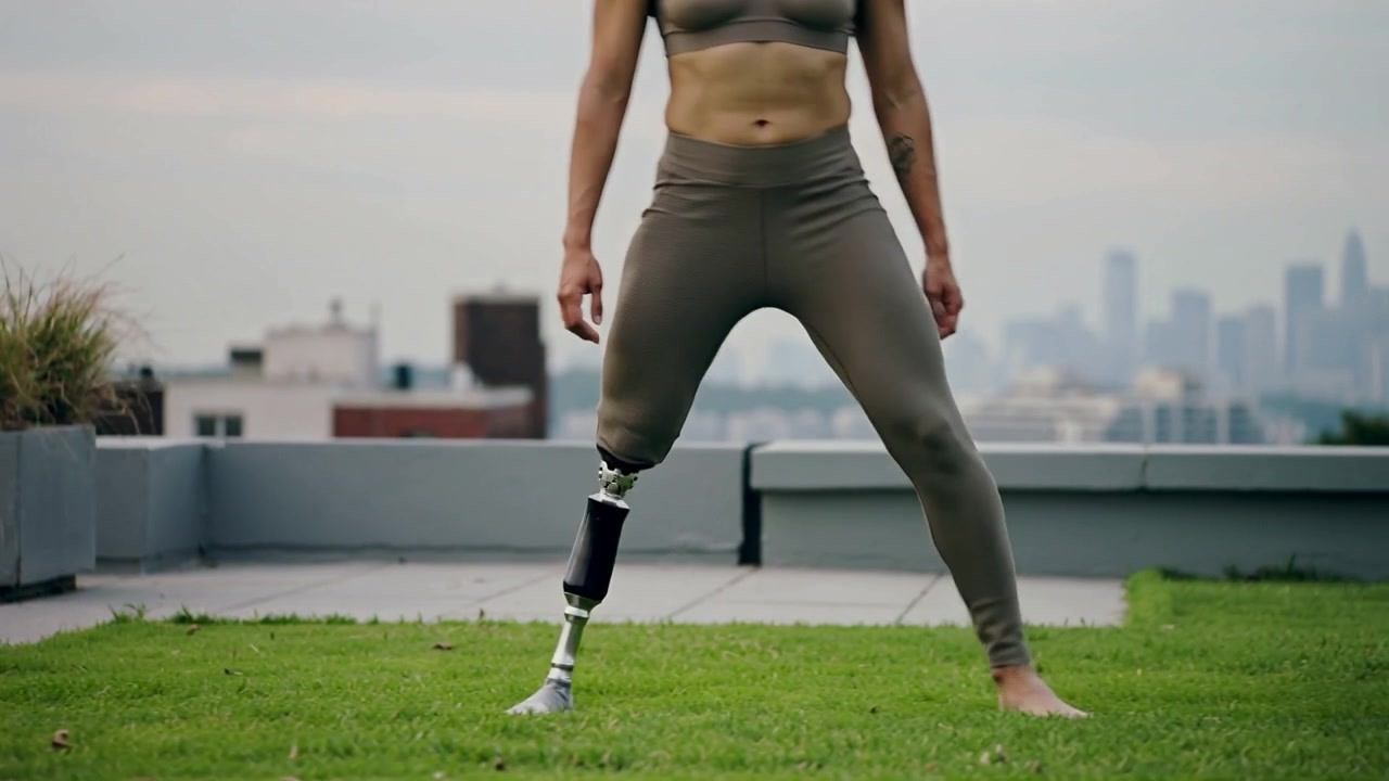 Stepping athletic woman with prosthetic limb practicing gait on roof turf, wearing olive sportswear