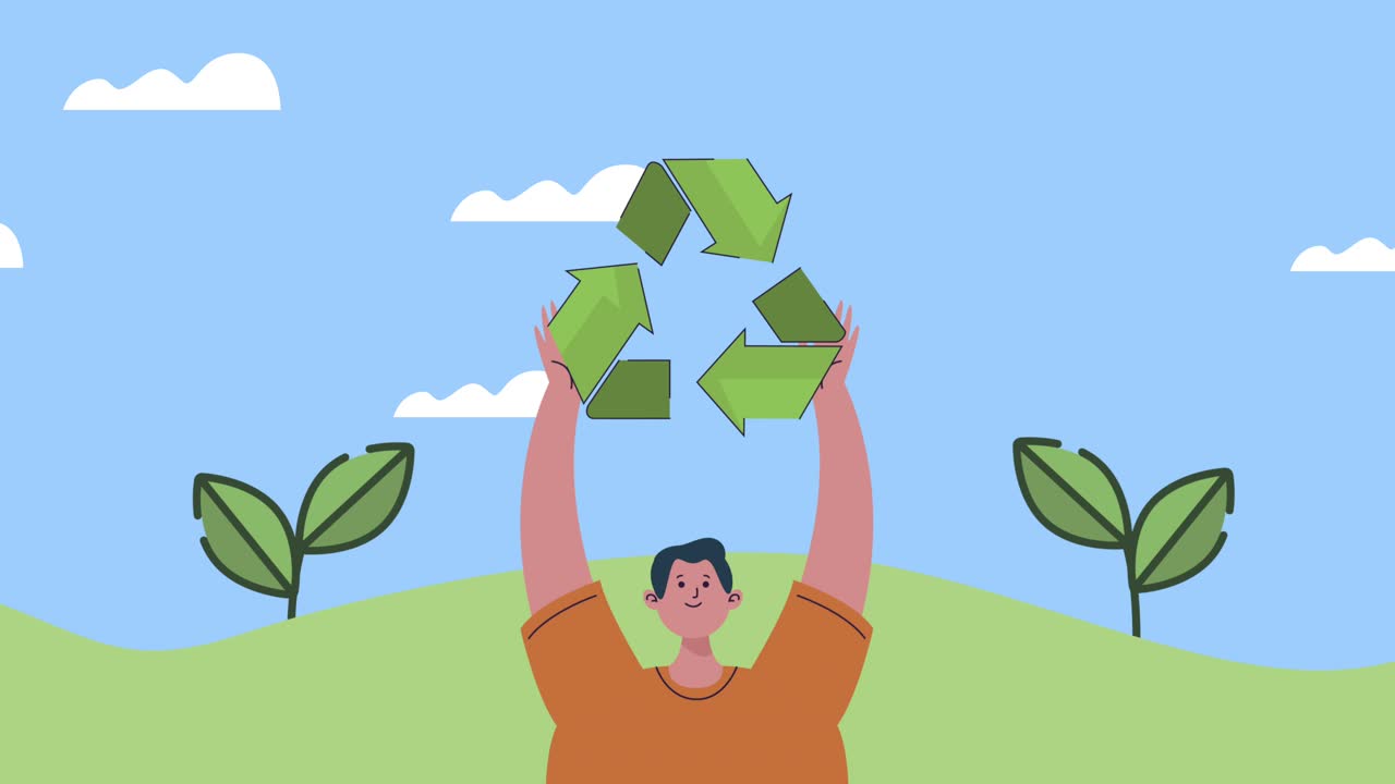 eco friendly animation with man lifting recycle arrows