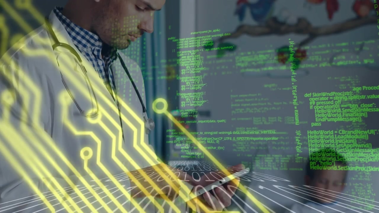 Animation of data processing over caucasian male doctor using tablet