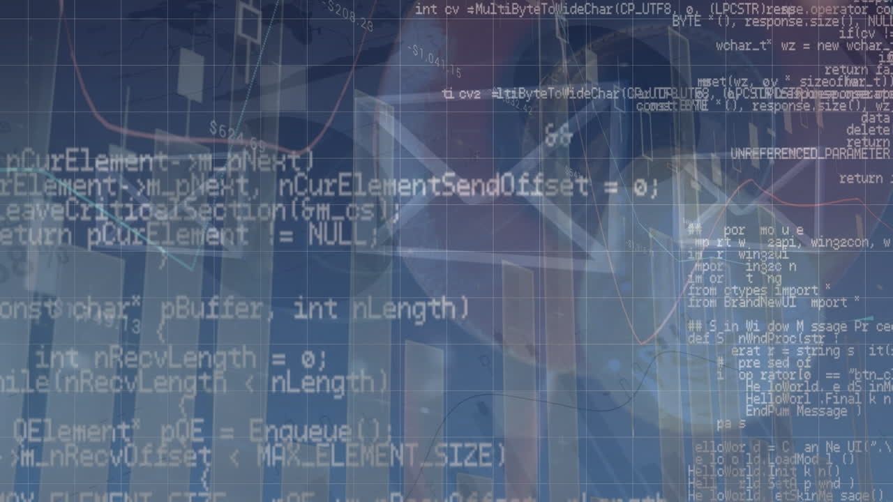 Animation of data processing and icons on blue background