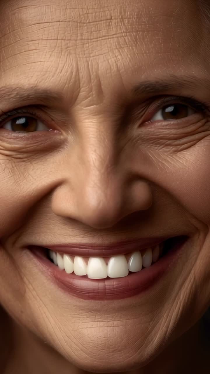 Vertical video: Smiling senior woman on cue opening eyes and showing teeth at studio for camera