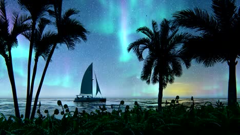 northern lights in the night sky, colorful aurora, beautiful night with a yacht. cloudless starry night. colored sky over the ocean. looping abstract animation.