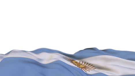 bandera de tela argentina ondeando en el bucle de viento. bordado argentino estampado bandera de tela balanceándose en la brisa. fondo blanco medio lleno. lugar para el texto. bucle de 20 segundos.