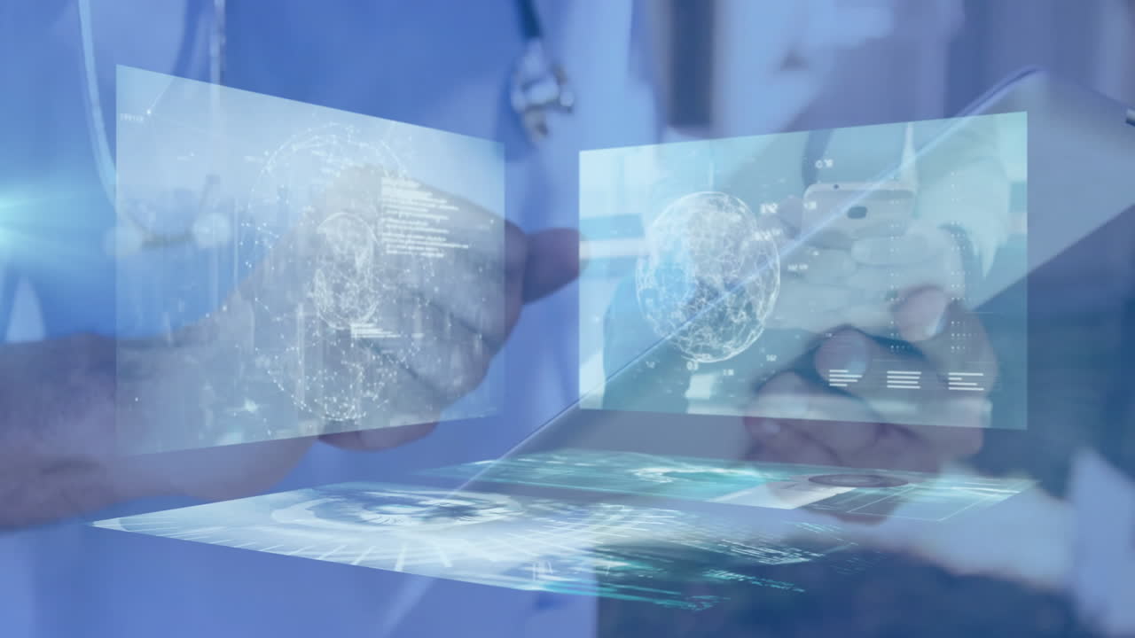 Doctor using digital tablet with holographic medical data and globe animation