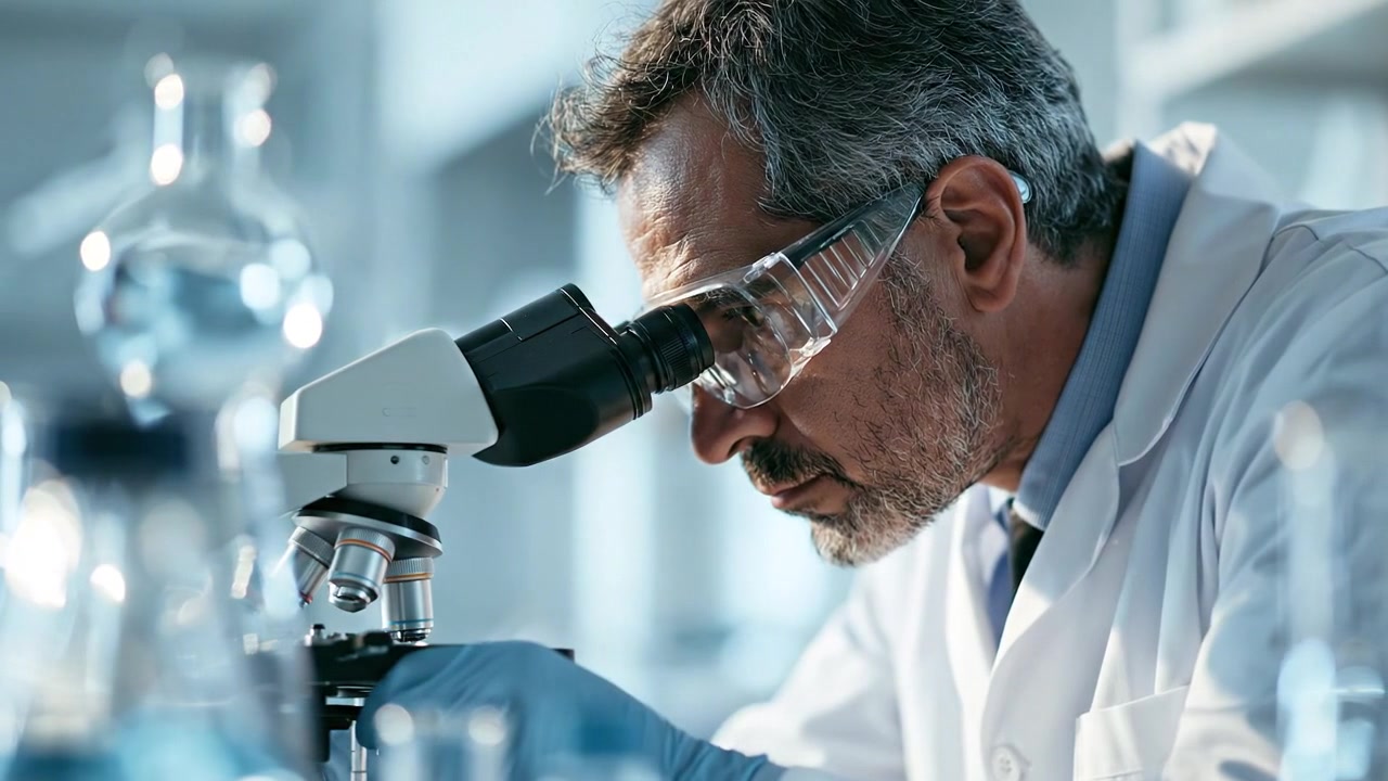 Scienziato di laboratorio esperto che osserva un campione attraverso un microscopio in filmati scientifici dettagliati.