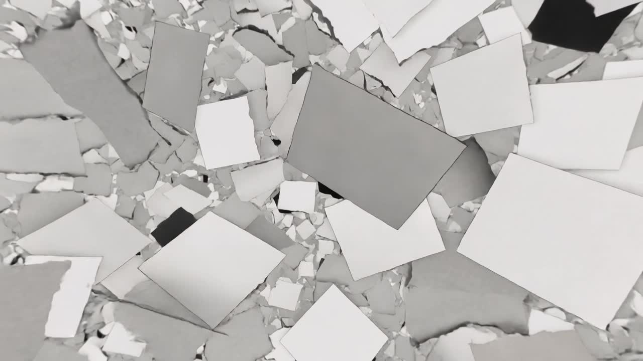 Moving camera inward and rotating, pulling torn papers and square sheets in studio, showing depth