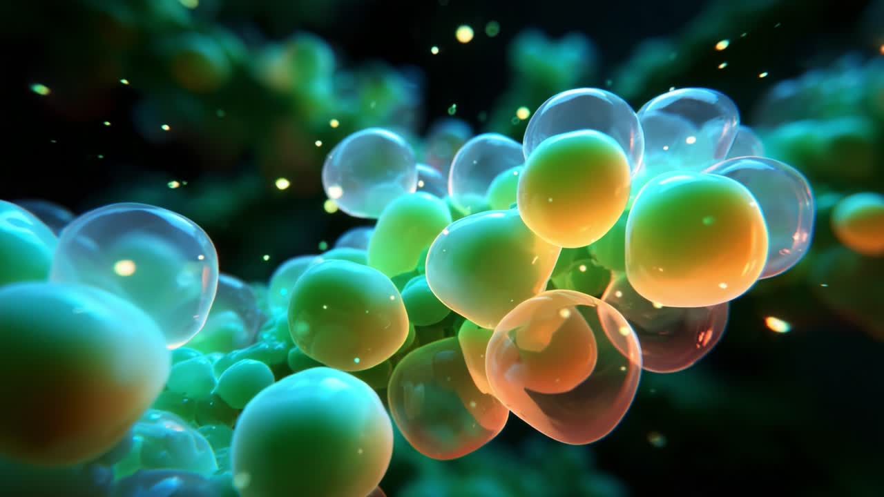 A mesmerizing close-up view of vibrant bubbles and translucent spheres interconnected by delicate filaments, showcasing a stunning interplay of colors and light in an abstract, fluid-like environment reminiscent of microscopic life forms