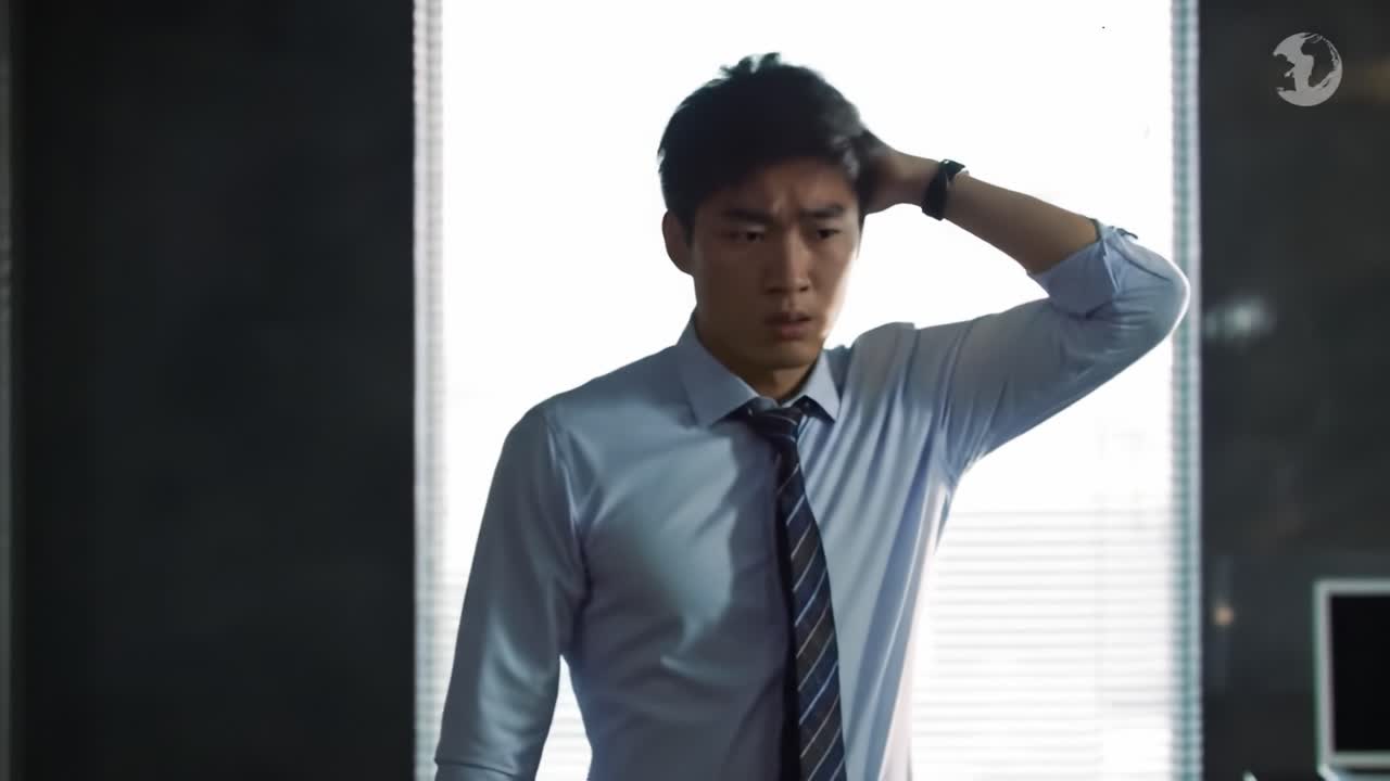 A young man in a blue dress shirt stands in his office, looking perplexed and stressed. His hand is on his head as he faces an apparent dilemma.