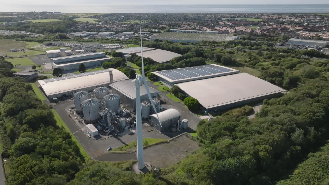 Sewerage Treatment And Water Treatment Plant With Solar Panels And Wind Turbine. Fleetwood, Lancashire, UK