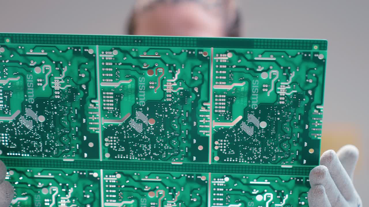 Slow motion circuit boards held by gloved hand in tech environment