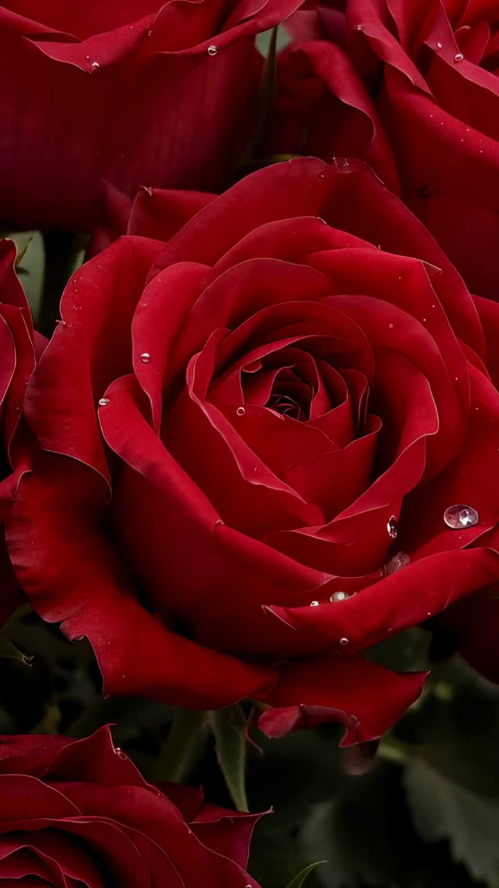 Vídeo vertical: gota haciéndose más grande sobre una rosa roja que se desliza hacia abajo desde el pétalo derecho por la gravedad, con gotas