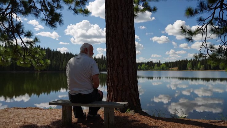 Senior man sits by a lake, contemplating nature