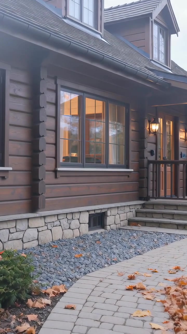 Vertikal video: Fremadgående kamera følger sti mod træbeklædt hus, afslører varmt vindueslys.