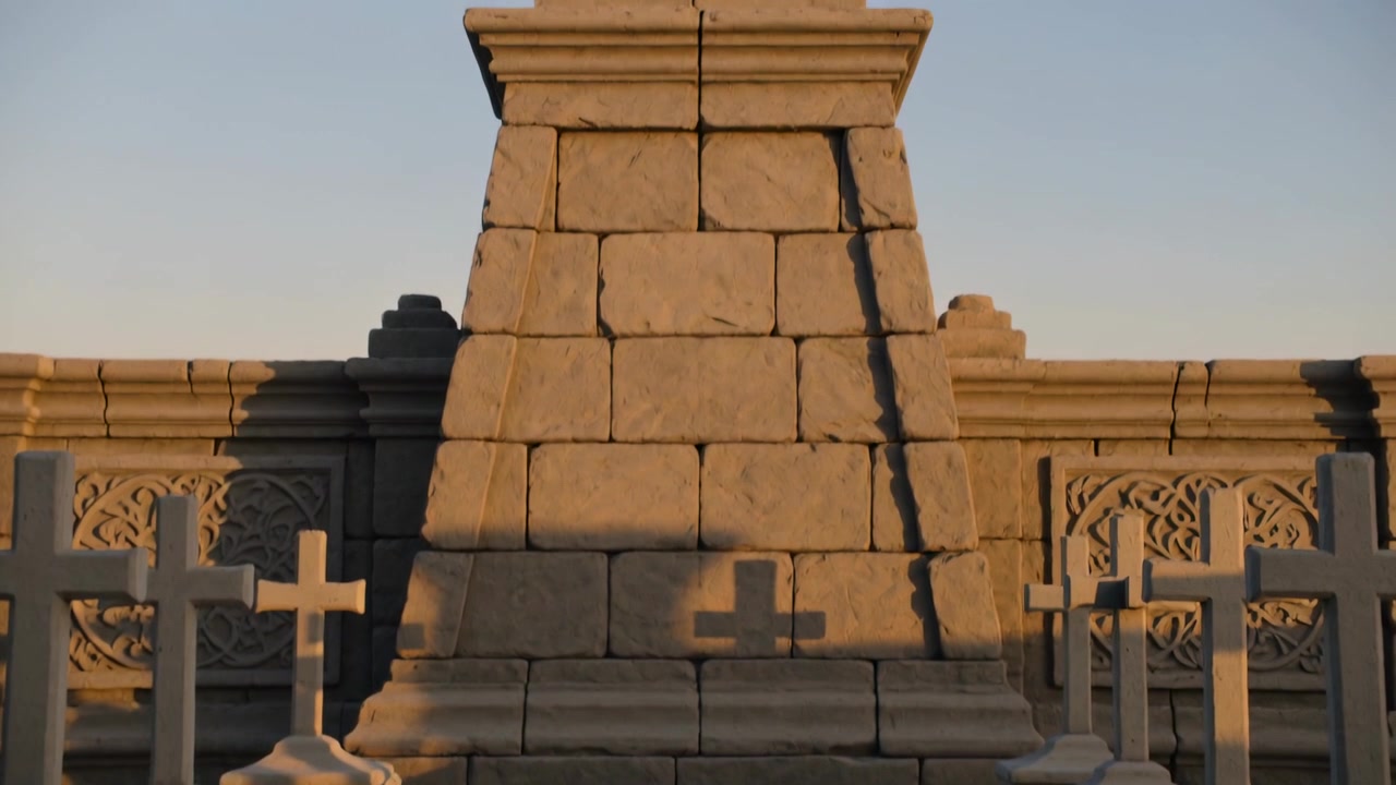 La cámara se inclina hacia arriba desde un sendero pavimentado, revelando un monumento de piedra cónico en un memorial para mostrar el escudo.