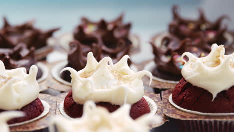 Close-up-of-frosted-chocolate-and-red-velvet-muffins