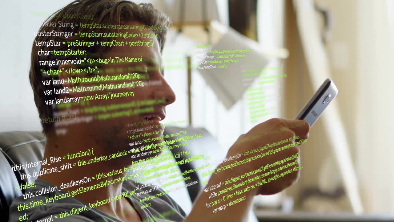 Using smartphone, man with green coding animation overlaying his profile