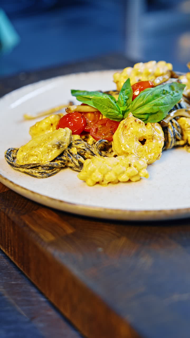 Black pasta with cheese sauce and seafood. Cook's hand in black glove decorates the dish with basil leaves. Close up. Vertical video.