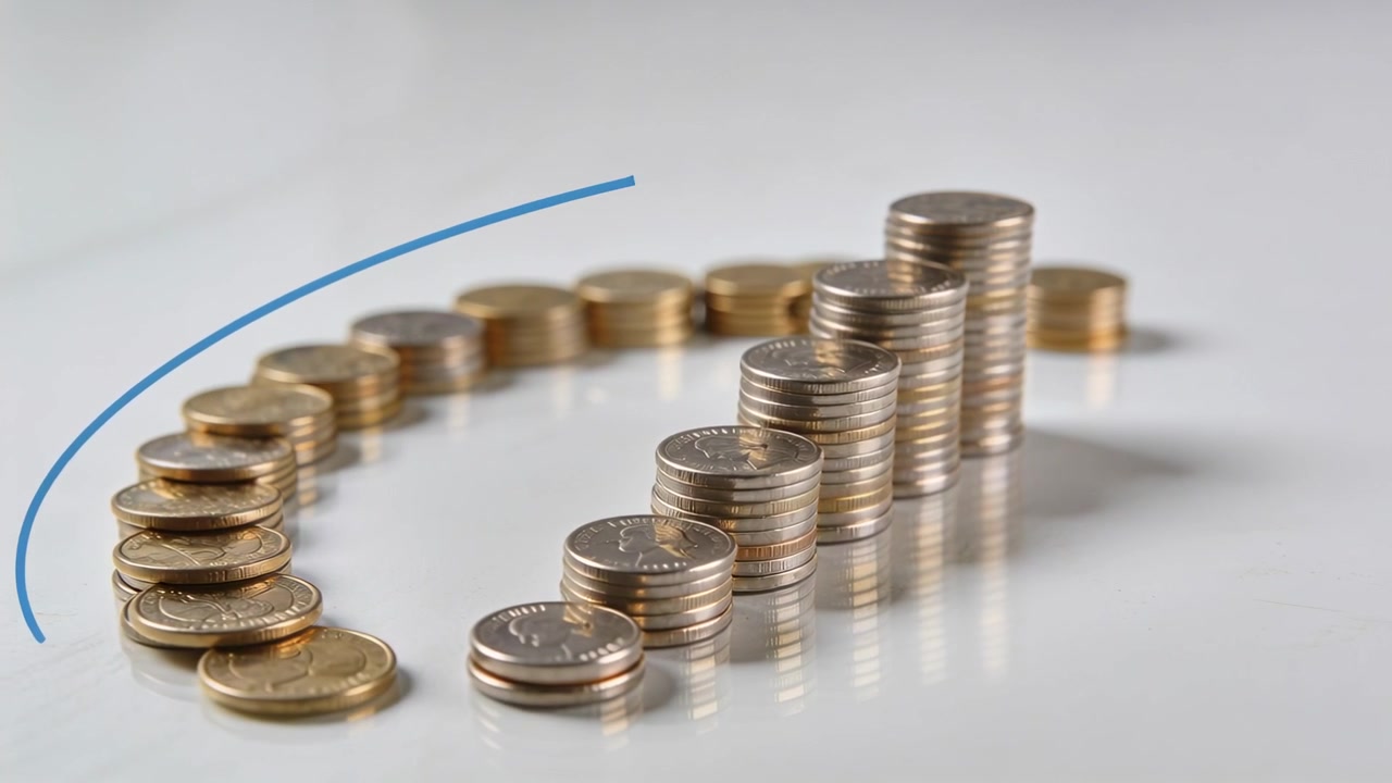 Showing blue arc with arched text causing camera panning across white table toward tall coin stacks