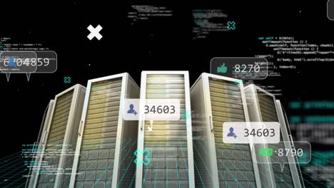 Animation-Von-Datenverarbeitungs--Und-Mediensymbolen-über-Dem-Serverraum