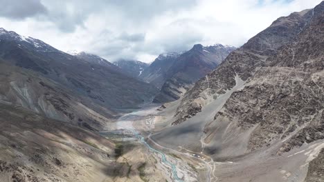aerial drone shot highlighting the stark beauty of ladakh’s elevated mountain ranges and plateaus.