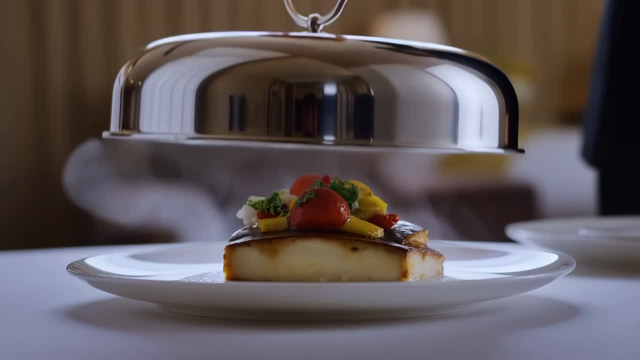 Gourmet dish served with a cloche and dramatic steam at a fine dining restaurant