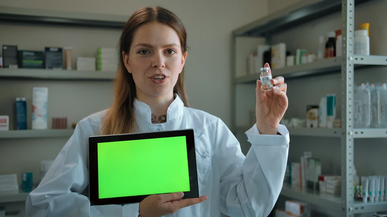 mujer con ampolla y tableta con pantalla verde en una farmacia