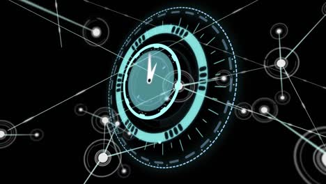 animación de reloj moviéndose rápido con redes de conexiones