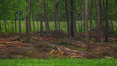 tiro de la cosechadora de árboles forestales en el bosque en la tala de bosques en timelapse