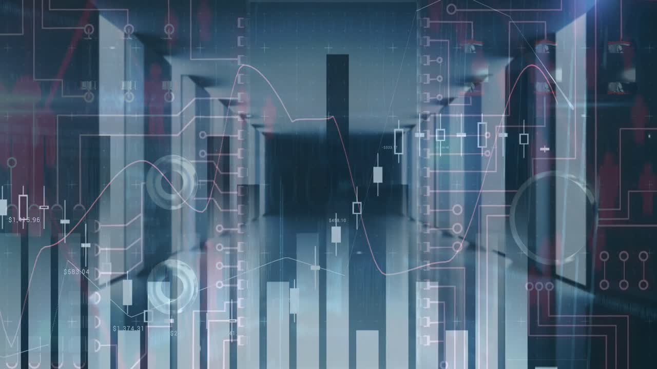 Digital animation of financial data processing against empty server room