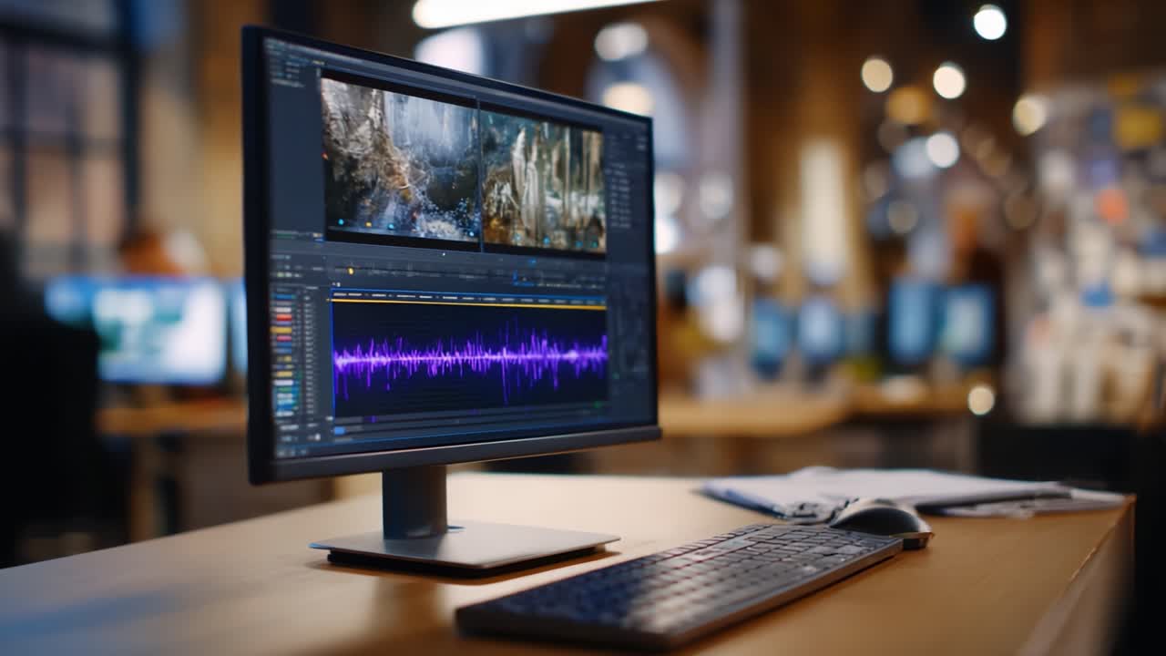 A High-Resolution Monitor Displaying Video Editing Software with Audio Waveform in a Modern Workspace, Illustrating Professional Audio-Visual Production