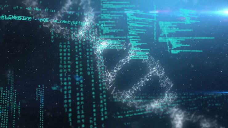 Digital animation of DNA and data flow on screens highlights global network medicine.
