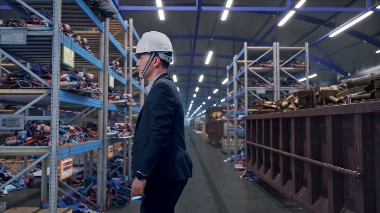 Vista laterale di un uomo d'affari asiatico che cammina, controllando l'ora sull'orologio, in un magazzino industriale di rottami metallici e riciclaggio.