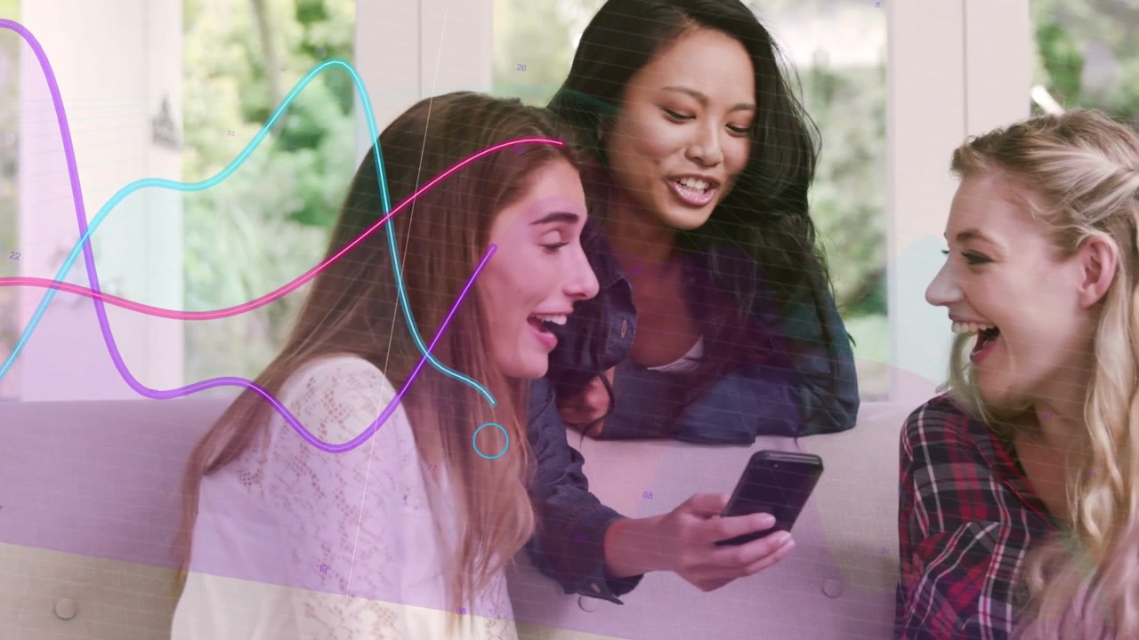 Center woman holding phone playing music friends leaning animated waves sweeping over group growing