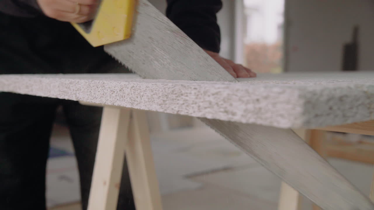 Man using a handsaw to cut an acoustic panel for the ceiling House Renovation DIY Sawdust