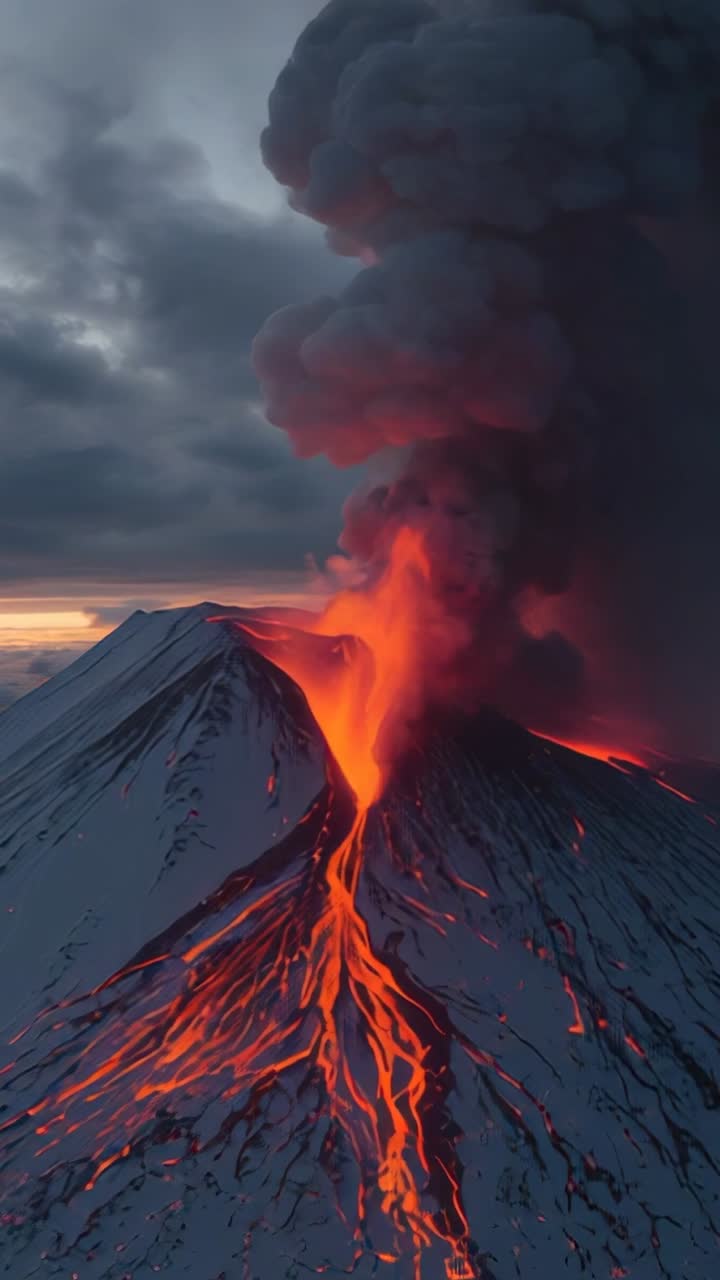 Vertical video: Pressure forcing molten lava from vents, volcano erupting at dusk with ash plume