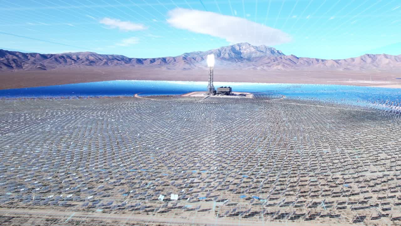 태양광 에너지를 흡수하여 전기를 생산하는 중앙 태양열 탑, 항공 사진