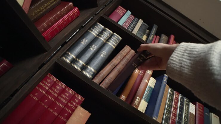 Inquadratura obliqua dal basso che mostra una mano che si allunga per prendere un libro da uno scaffale in biblioteca.