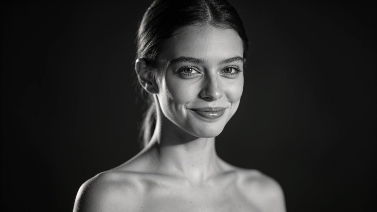 Donna sorridente che passa a un sorriso caloroso dopo un segnale dalla telecamera in uno studio buio, con luci e spalle scoperte.