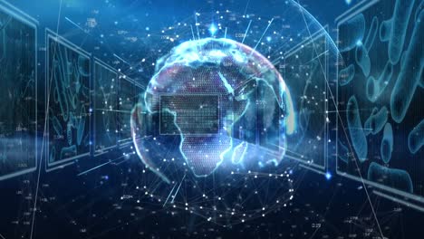 animation of globe and network of connections over data processing on screens