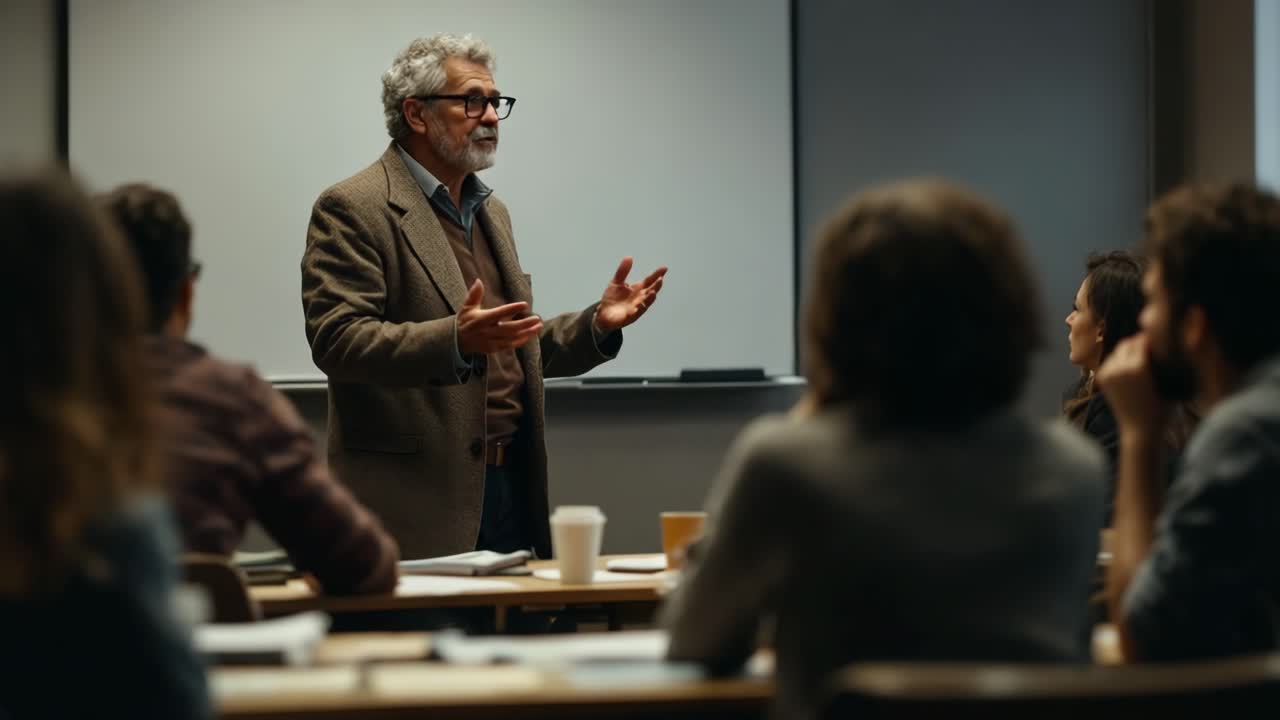 A man giving a lecture or presentation to an audience in a classroom or conference setting