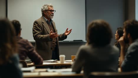 a man giving a lecture or presentation to an audience in a classroom or conference setting