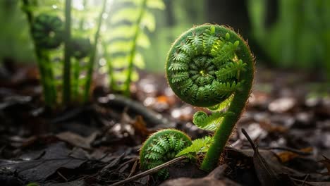 a majestic display of fern fiddleheads rising from the forest floor, showcasing nature’s incredible detail and greenery in the ethereal light of a sunny day