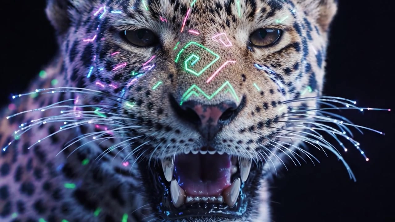 Un majestuoso leopardo adornado con vibrantes patrones LED, mostrando sus poderosas características y su mirada expresiva en una cautivadora presentación en primer plano
