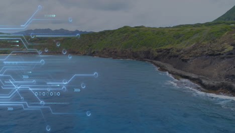 animation of computer circuit board and data processing over seascape