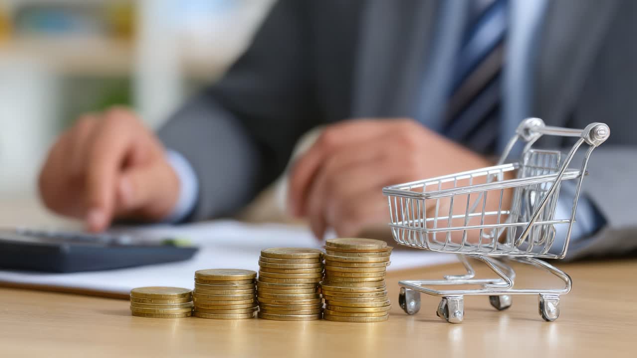 Analisi della crescita finanziaria e delle tendenze di acquisto: Una vista ravvicinata di monete e un carrello della spesa in un ambiente aziendale
