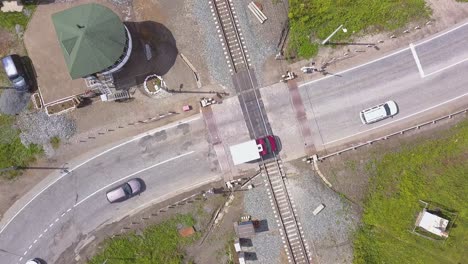 aerial view of a train crossing