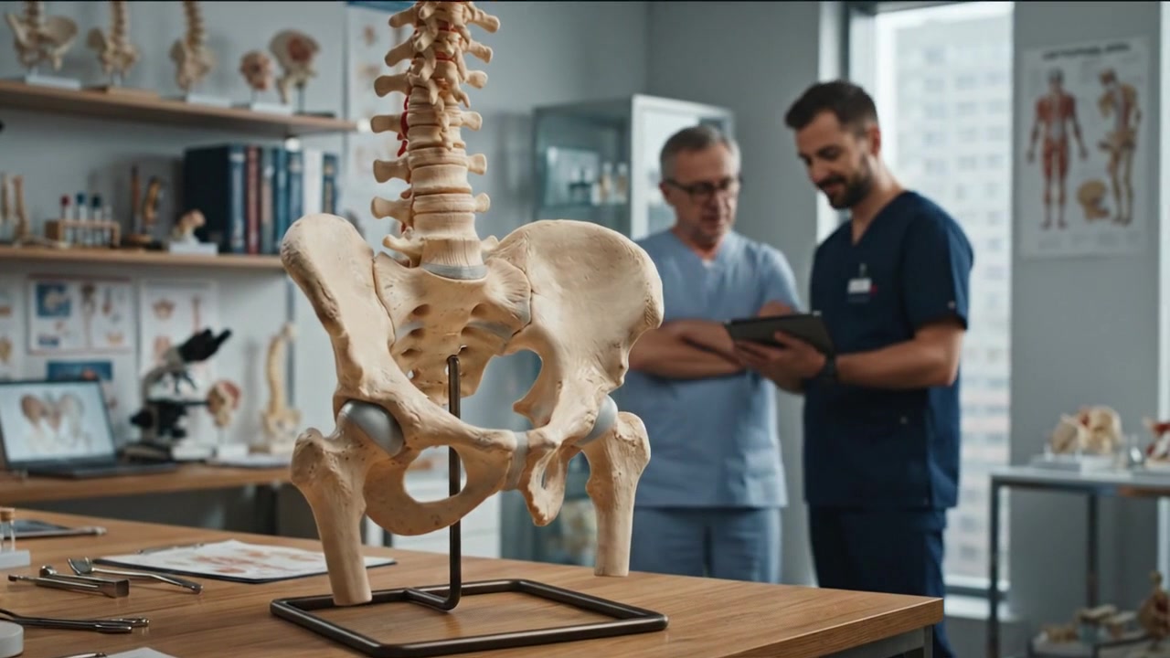 Laboratory scientist presenting a detailed full skeleton model during a detailed laboratory research process
