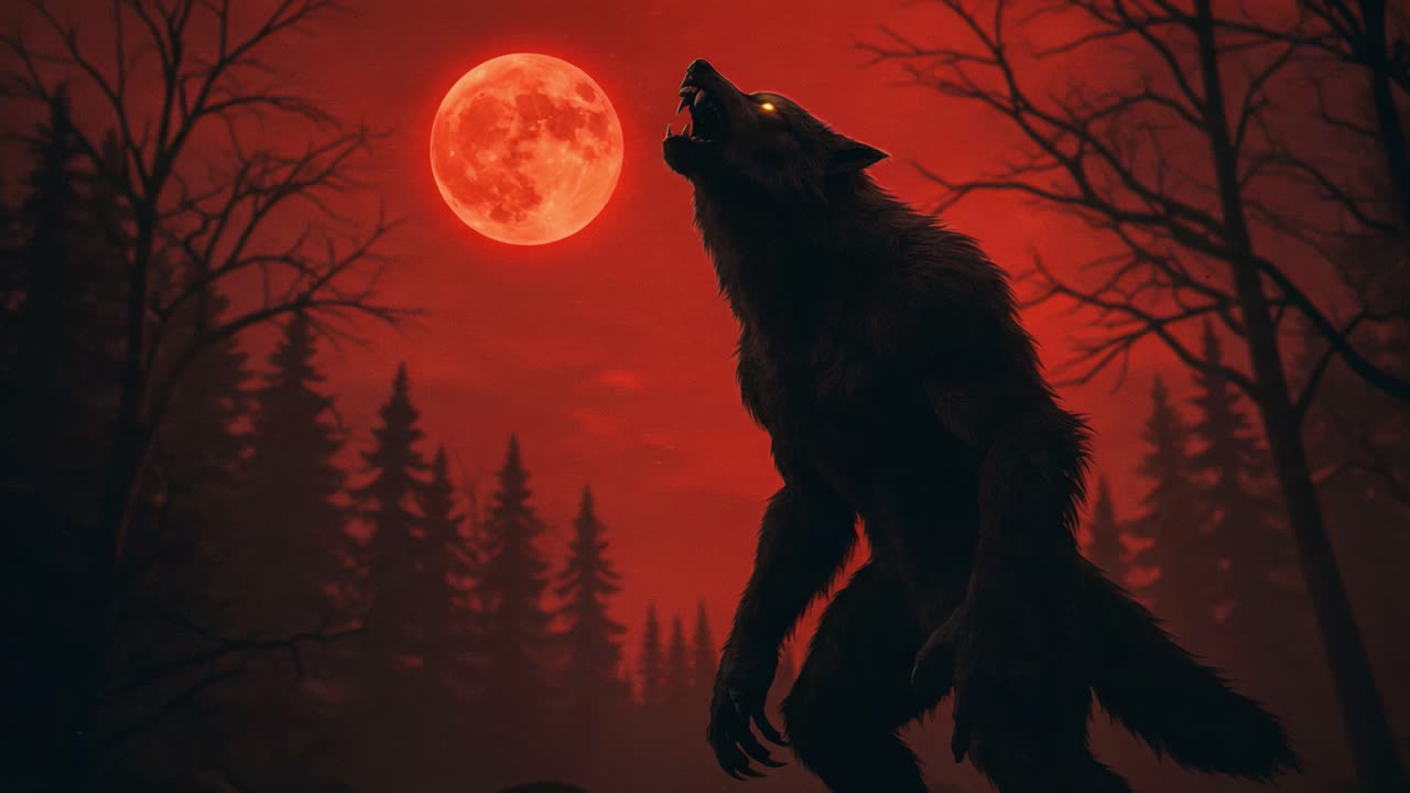 A menacing werewolf howls at the crimson full moon, silhouetted against a dark forest, evoking an eerie atmosphere of supernatural mystery and ferocity
