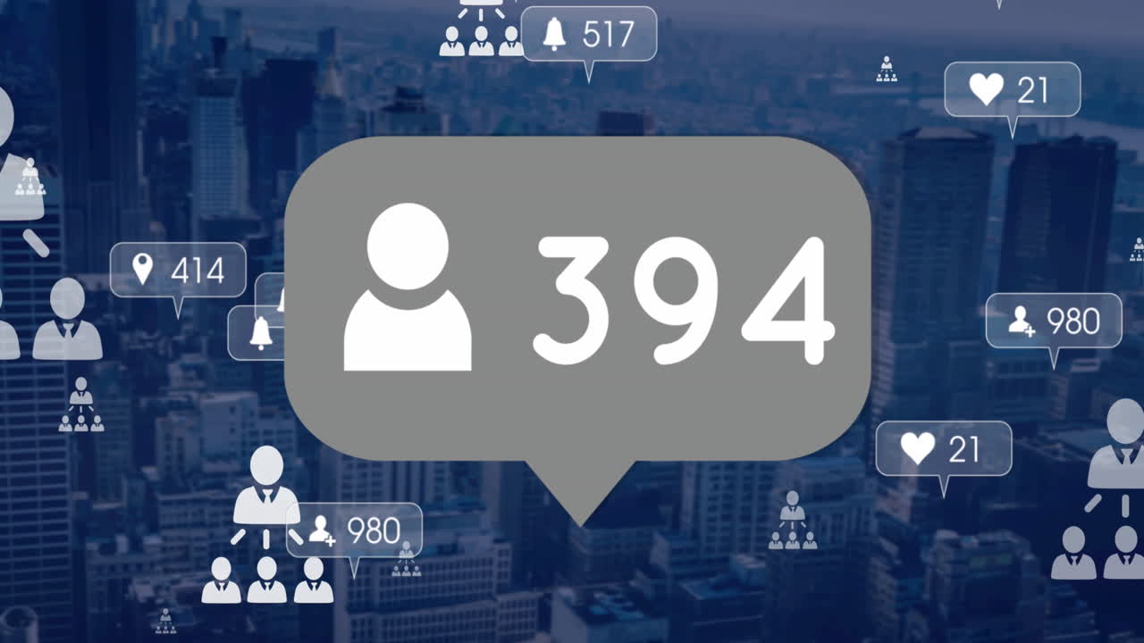 Animazione di elaborazione dati dei social media con numeri su paesaggio urbano
